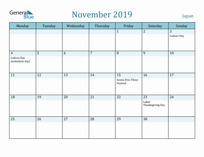 November 2019 Calendar with Holidays