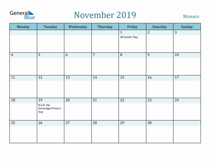 November 2019 Calendar with Holidays