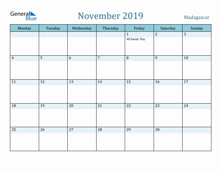 November 2019 Calendar with Holidays