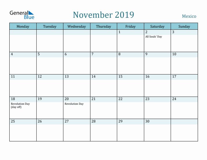 November 2019 Calendar with Holidays