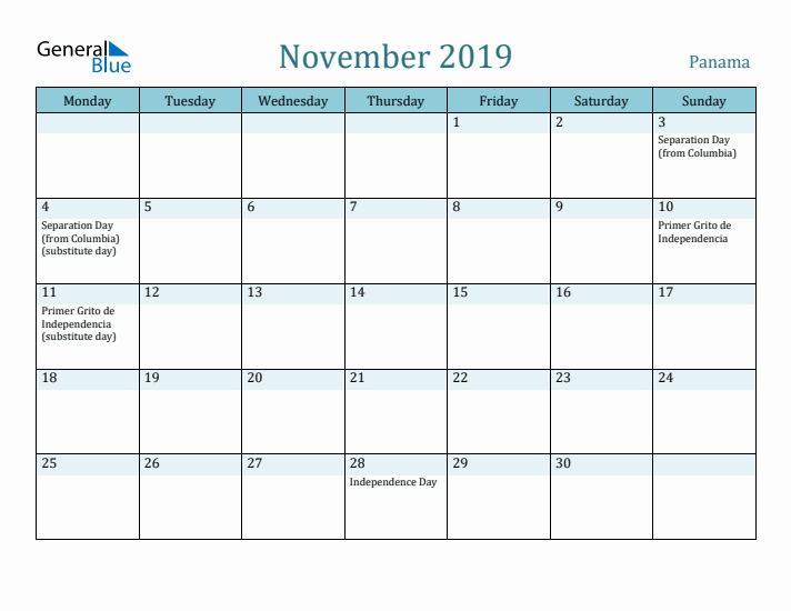 November 2019 Calendar with Holidays