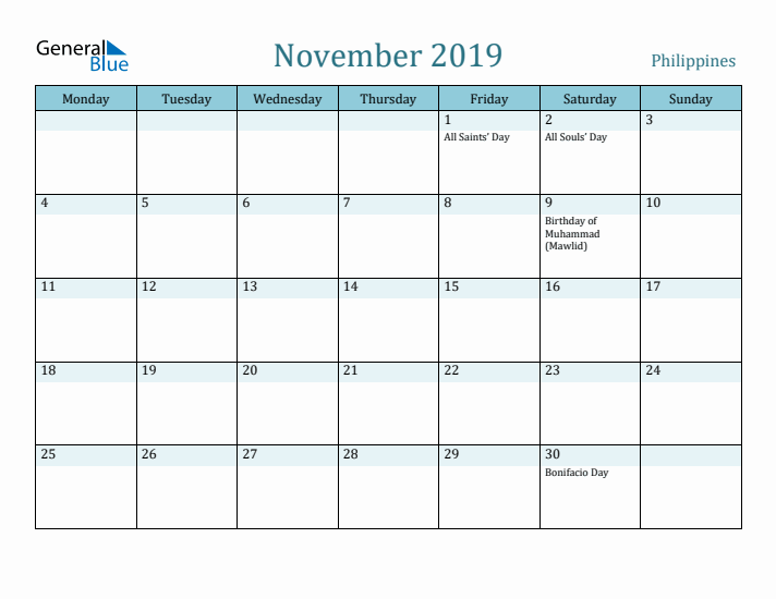 November 2019 Calendar with Holidays