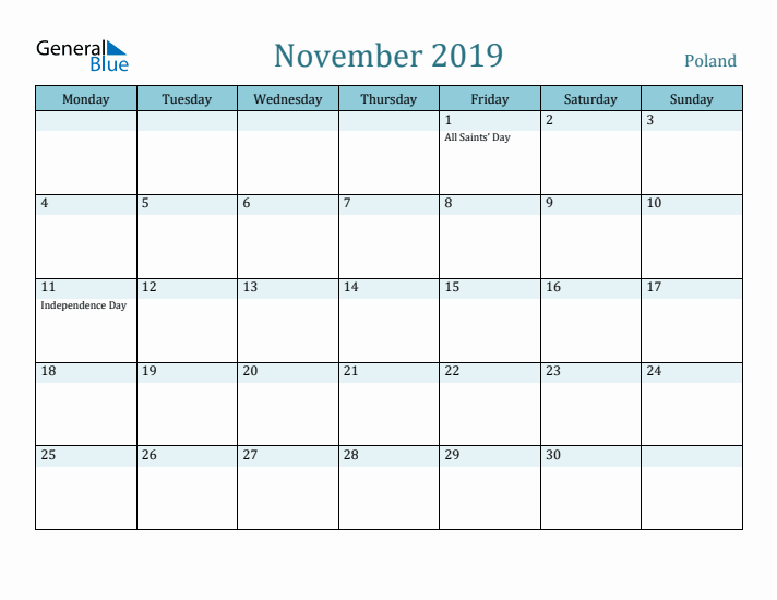 November 2019 Calendar with Holidays