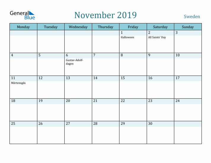 November 2019 Calendar with Holidays