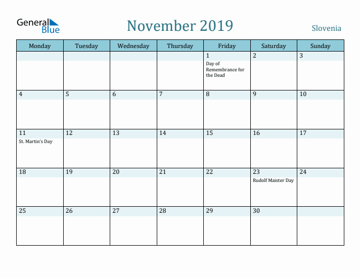 November 2019 Calendar with Holidays