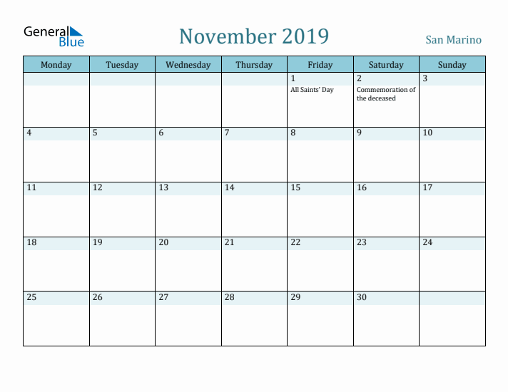 November 2019 Calendar with Holidays