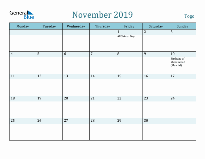 November 2019 Calendar with Holidays