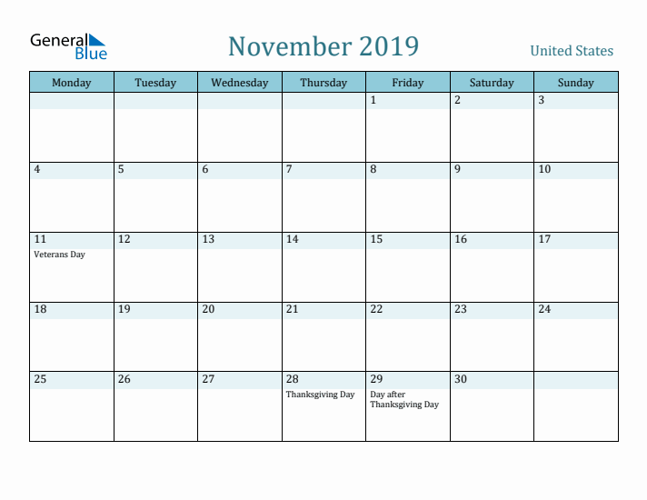 November 2019 Calendar with Holidays