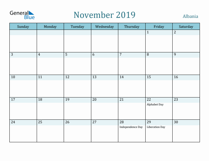 November 2019 Calendar with Holidays