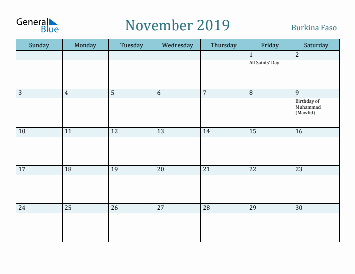 November 2019 Calendar with Holidays