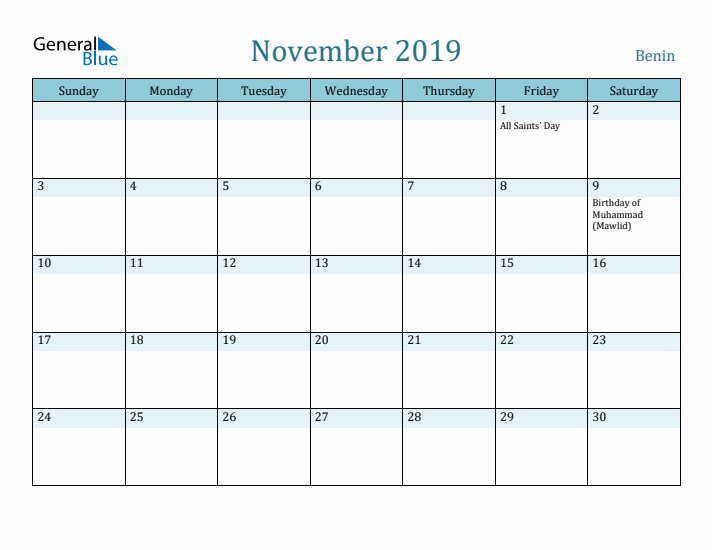 November 2019 Calendar with Holidays