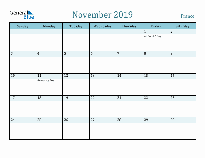 November 2019 Calendar with Holidays