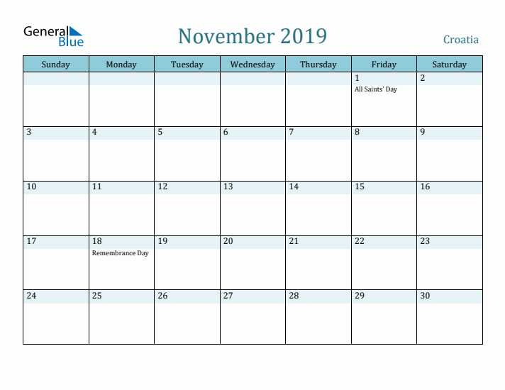 November 2019 Calendar with Holidays