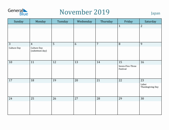 November 2019 Calendar with Holidays