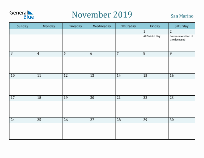 November 2019 Calendar with Holidays