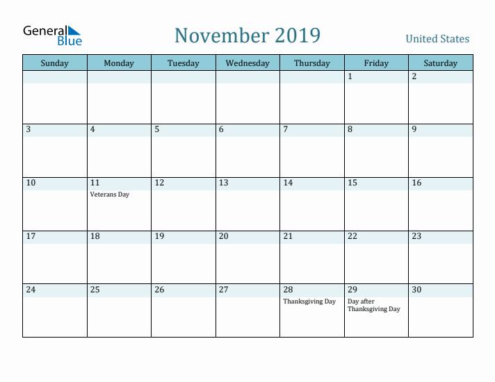 November 2019 Calendar with Holidays