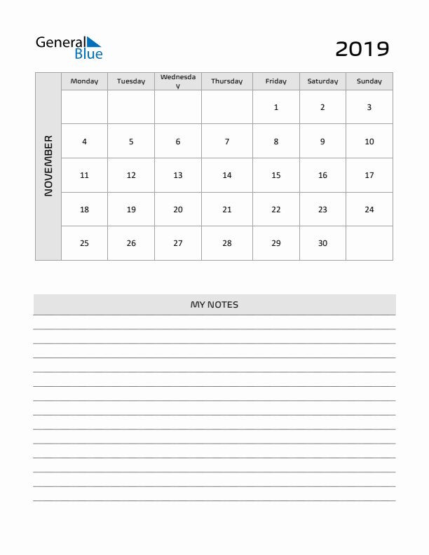 November 2019 Calendar Printable