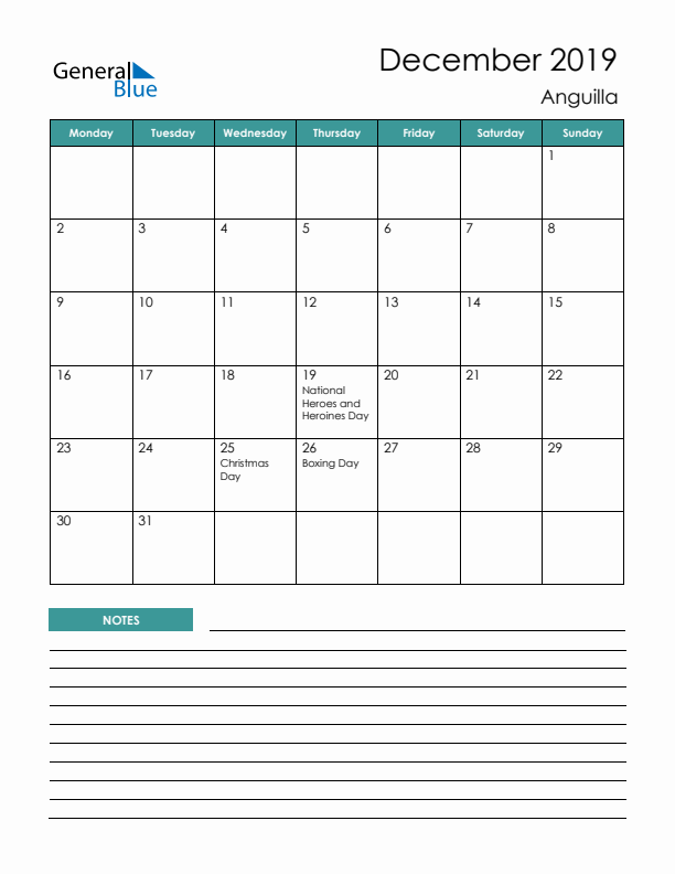 Calendar with Notes Printable - Monday Start