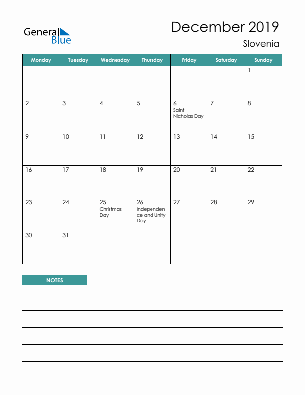 Calendar with Notes Printable - Monday Start