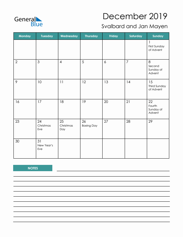 Calendar with Notes Printable - Monday Start