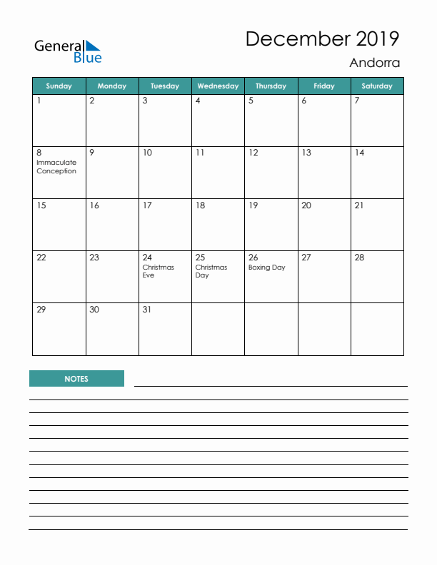 Calendar with Notes Printable - Sunday Start