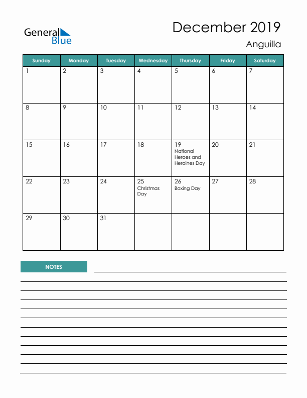 Calendar with Notes Printable - Sunday Start