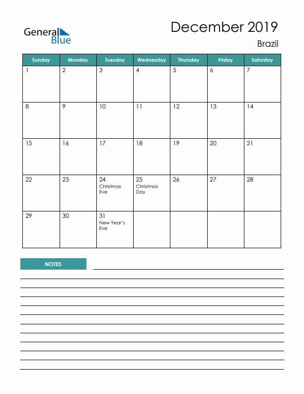 Calendar with Notes Printable - Sunday Start