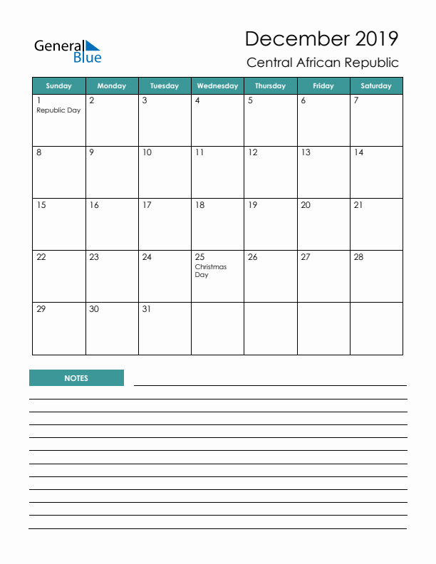 Calendar with Notes Printable - Sunday Start