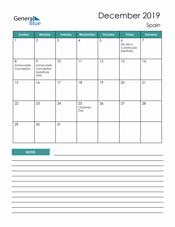 Calendar with Notes Printable - Sunday Start