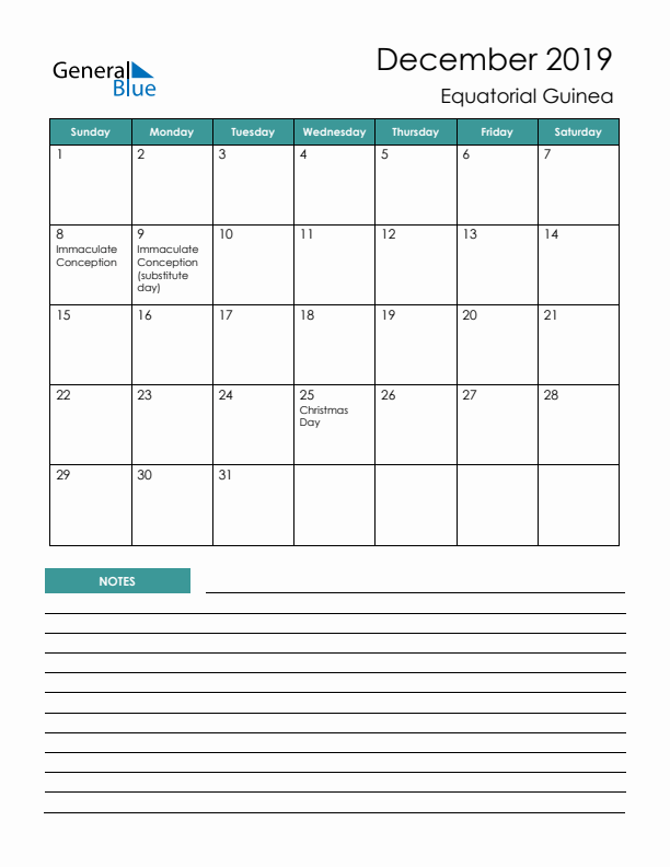 Calendar with Notes Printable - Sunday Start