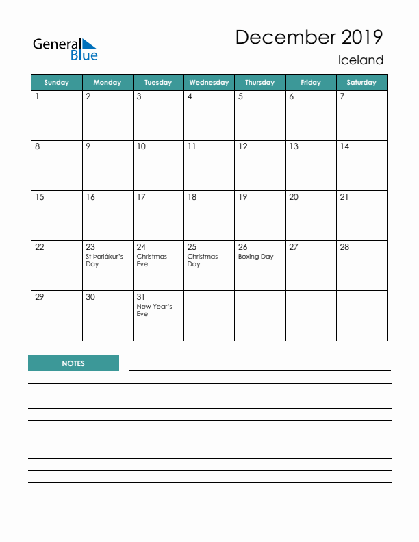 Calendar with Notes Printable - Sunday Start