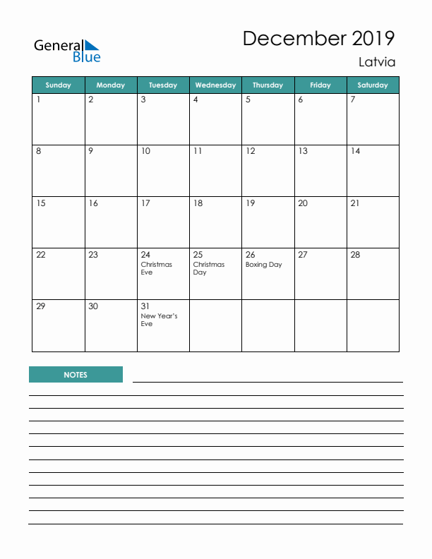 Calendar with Notes Printable - Sunday Start