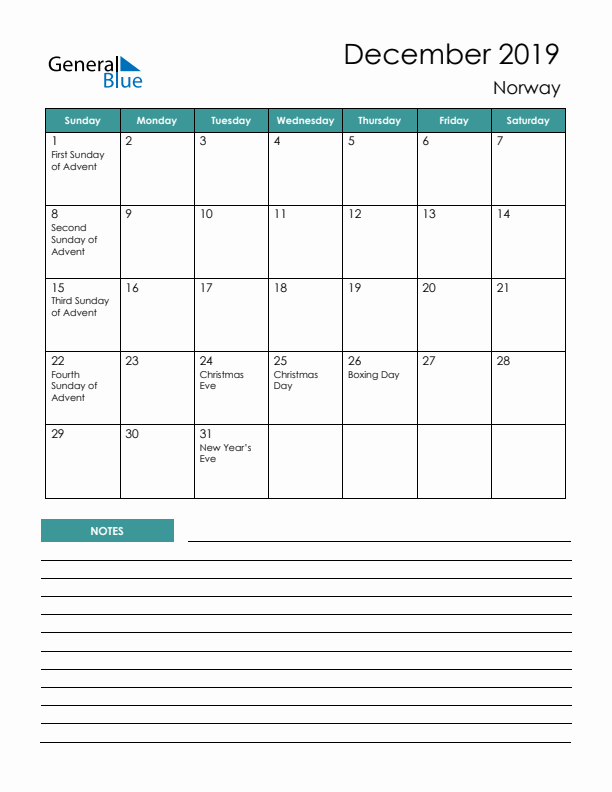 Calendar with Notes Printable - Sunday Start