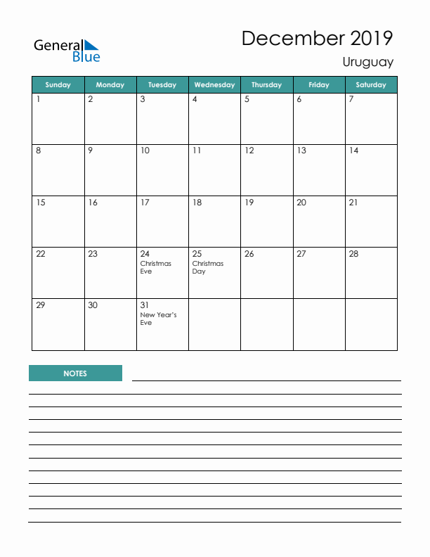 Calendar with Notes Printable - Sunday Start