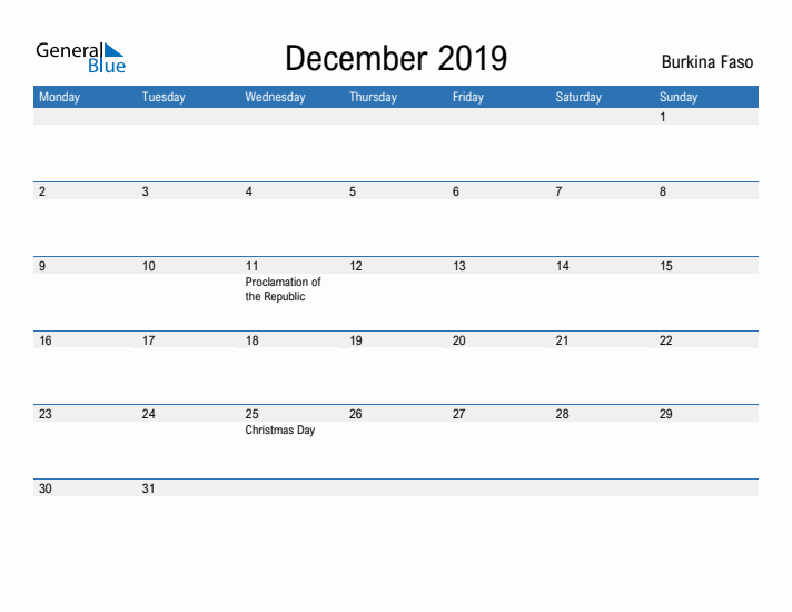 Fillable December 2019 Calendar