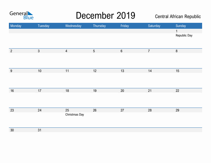 Fillable December 2019 Calendar