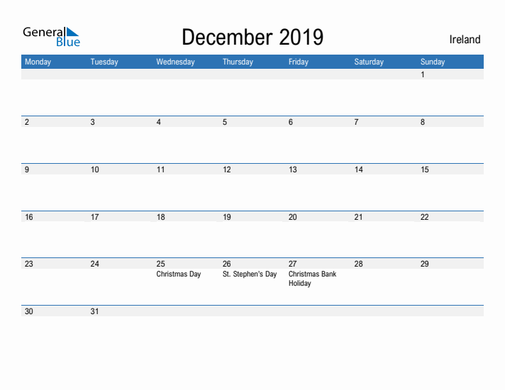 Fillable December 2019 Calendar