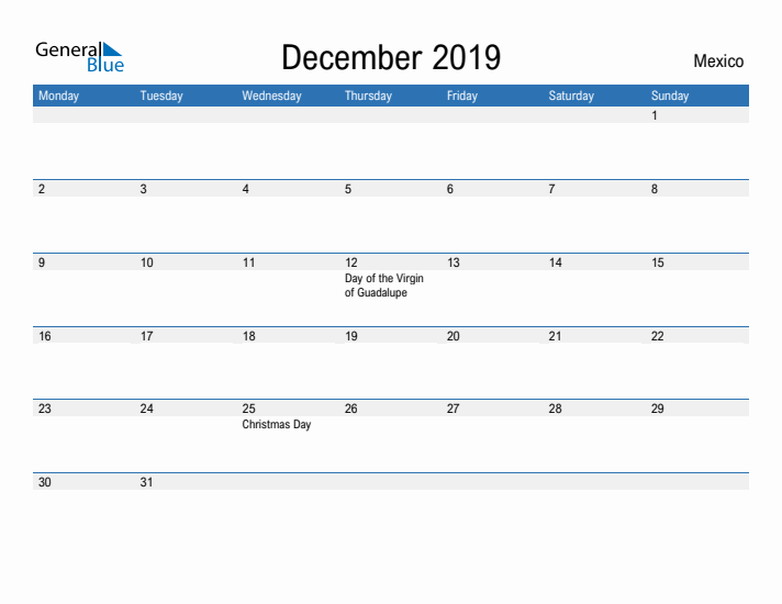 Fillable December 2019 Calendar