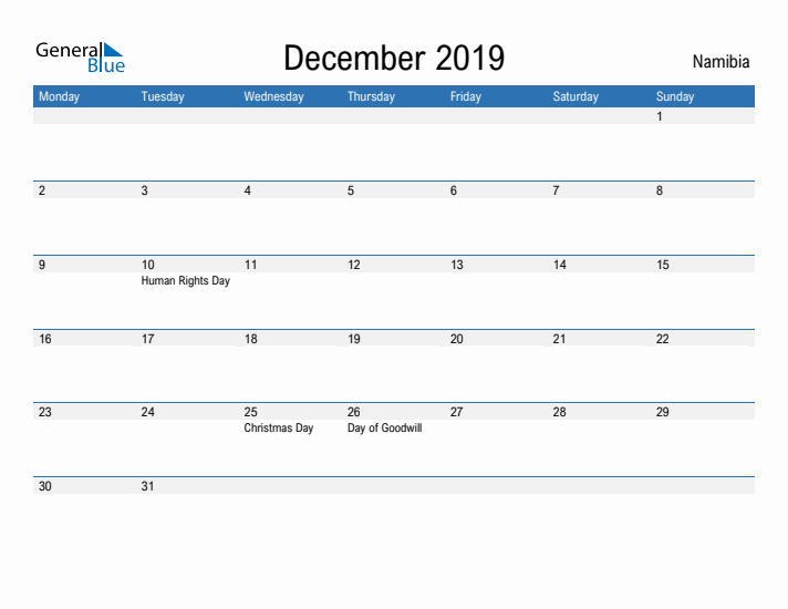 Fillable December 2019 Calendar