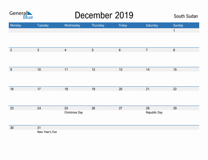 Fillable December 2019 Calendar