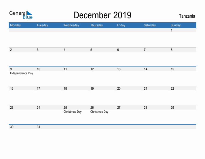 Fillable December 2019 Calendar