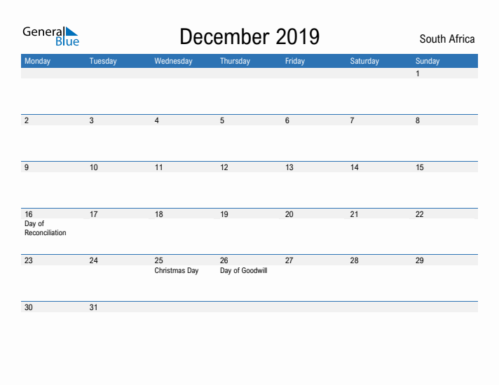 Fillable December 2019 Calendar