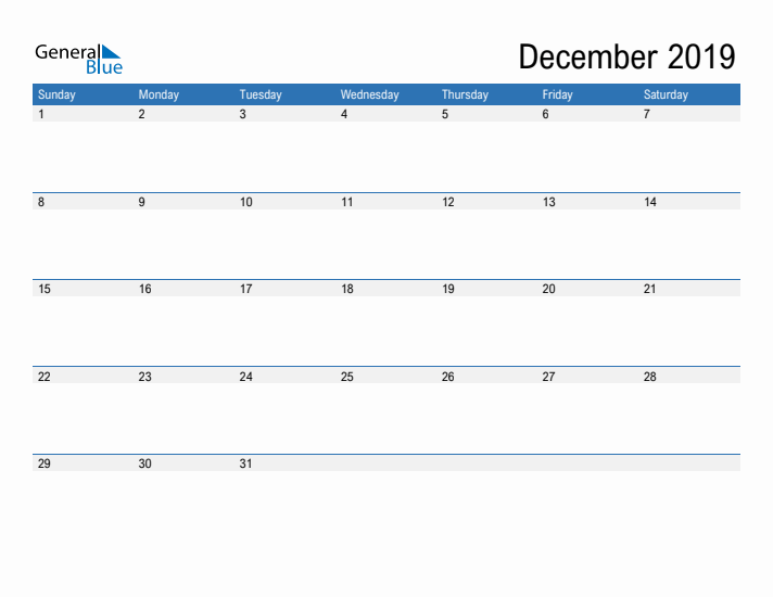 Fillable Calendar for December 2019