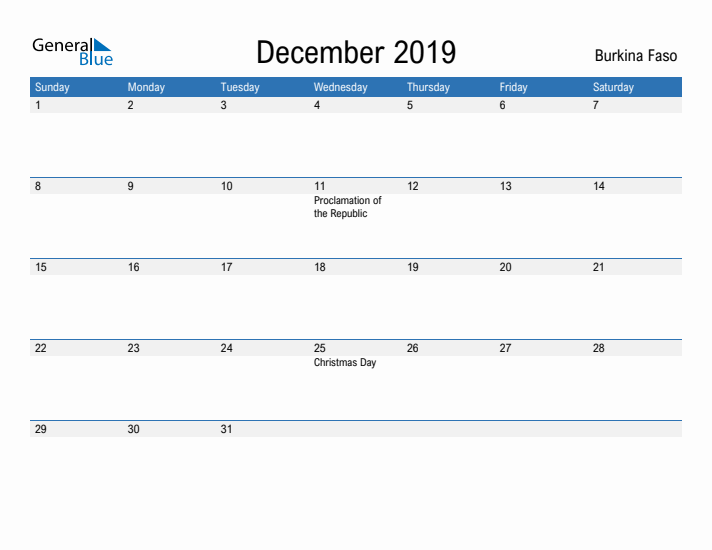 Fillable December 2019 Calendar