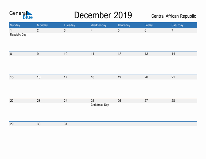 Fillable December 2019 Calendar