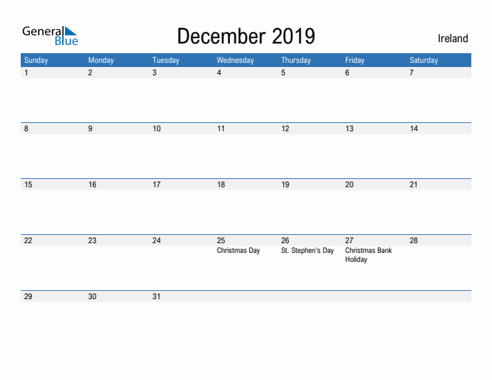 Fillable December 2019 Calendar