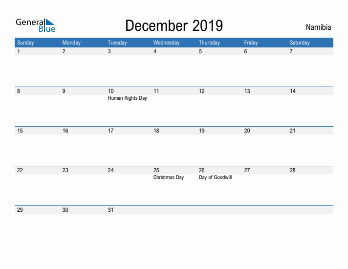 Fillable December 2019 Calendar