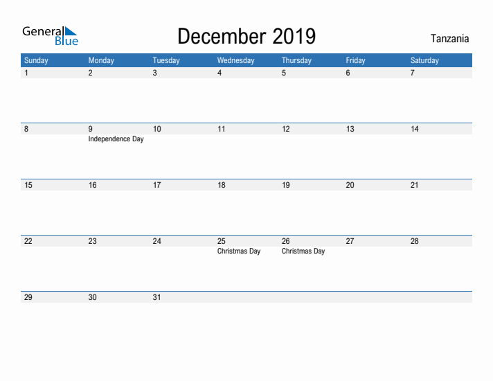 Fillable December 2019 Calendar