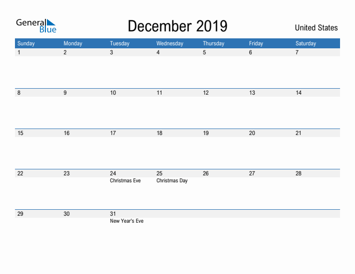 Fillable December 2019 Calendar