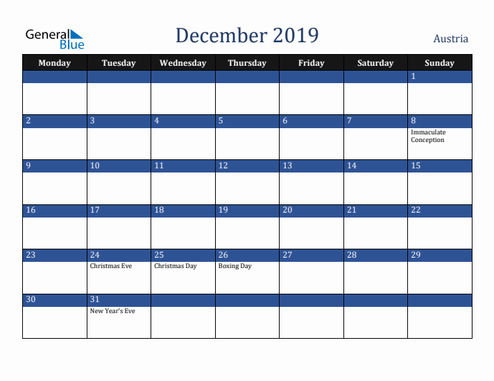 December 2019 Austria Calendar (Monday Start)